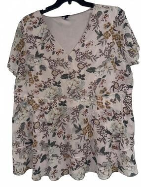 Torrid Size 3 3X Floral Peplum Blouse Pink V Neck Layered Ruffle Top